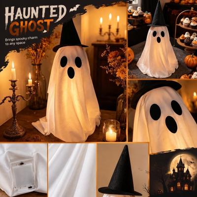 50cm Light Up Ghost Decoration with Hat for Indoor Outdoor Use Halloween Themed Fabric and Plastic Figure for Display