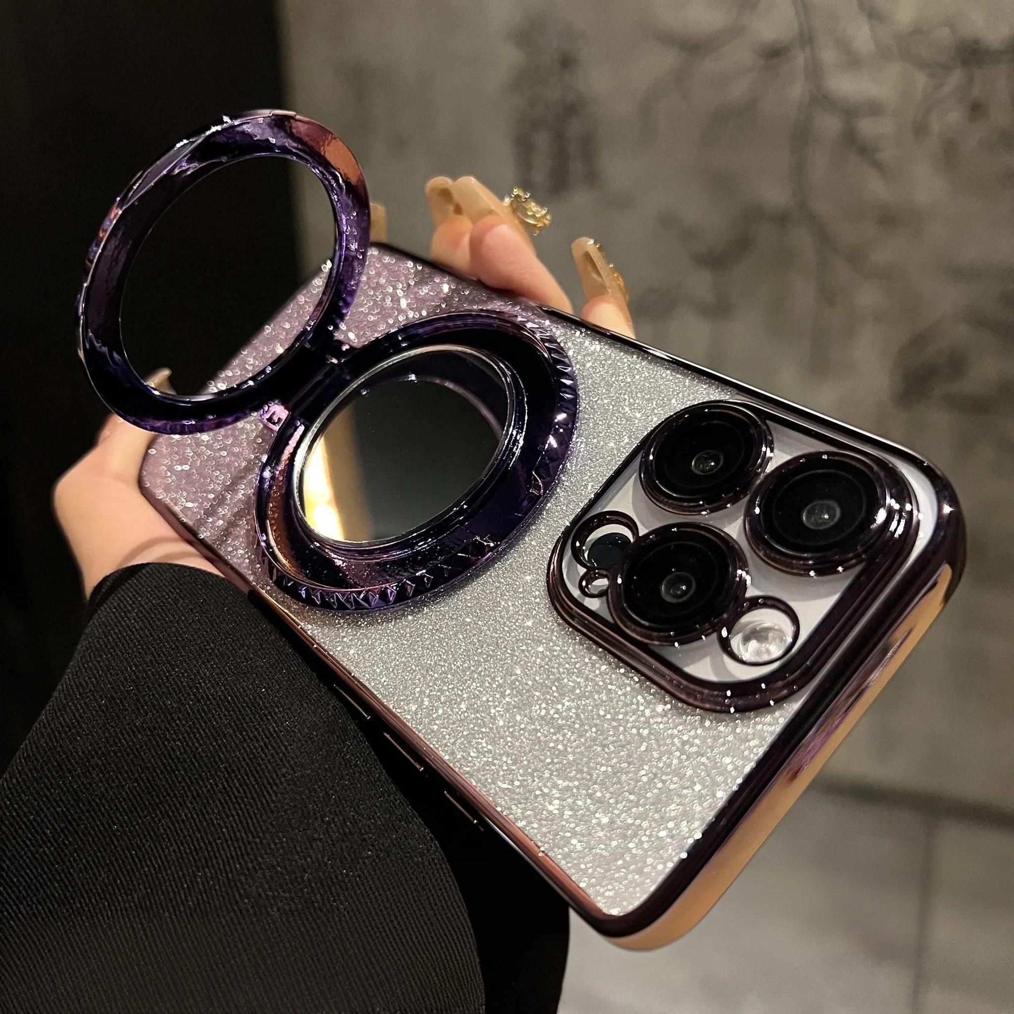 

Glitter Gradient Mirror Bracket Case for iPhone 15 14 13 16 Pro Max 12 11 X Xr Xs 8 7 Plus for Magsafe Ring Holder Plating Cover for iPhone 15 ProMax