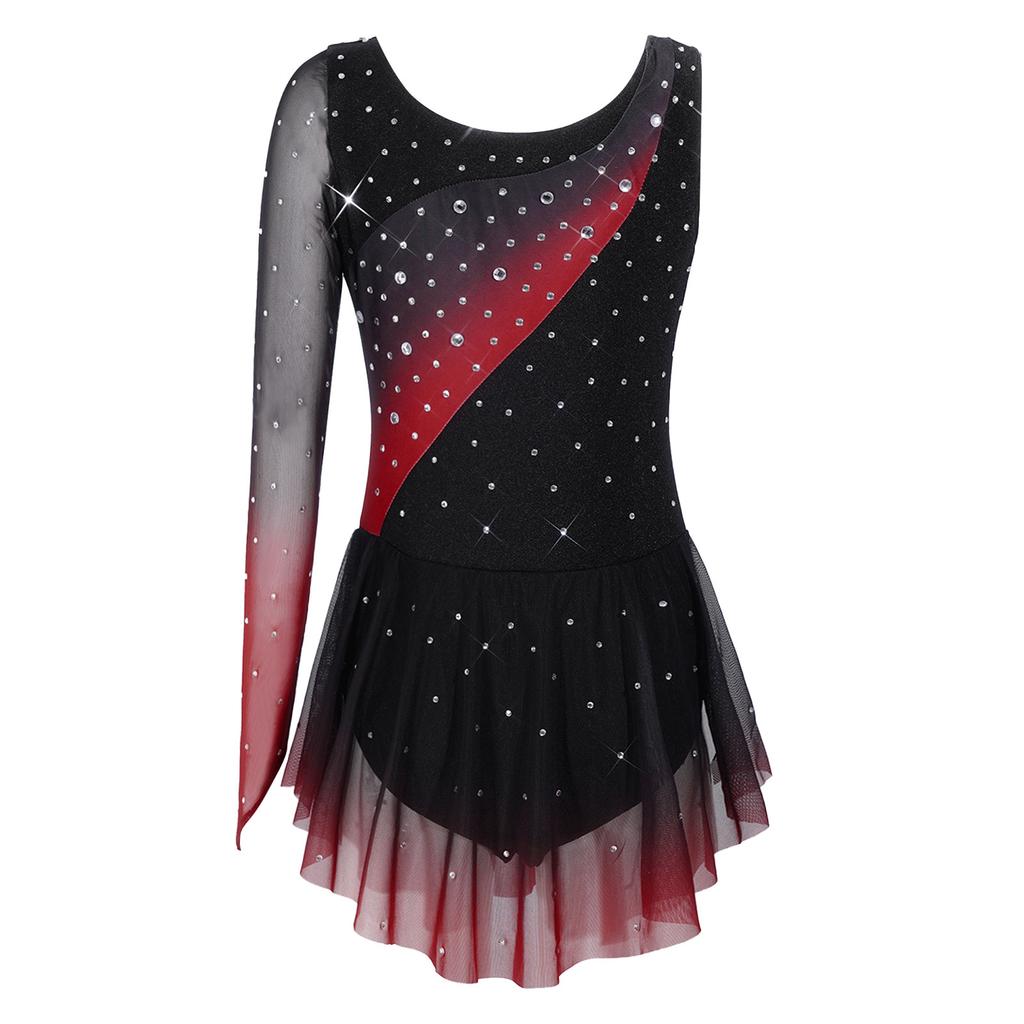 Girls Shiny Rhinestone Contrast Color Performance Dress Round Neck Asymmetrical Split Skating Dance Gymnastics Gown