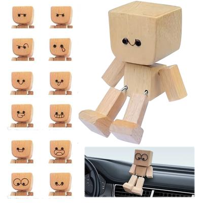 Shaking Wooden Man Figurine with 12PCS Expressions Shaking Feet Wooden Dolls Ornaments for Car Sedan SUV Camper