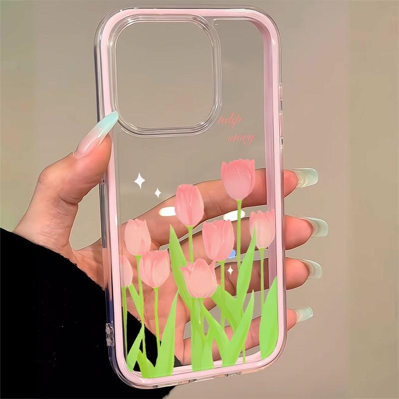 Cute Pink Tulip TPU Transparent Pink Silicone Phone Case For iPhone 17 16 15 14 13 12 11 Pro Max 16 Plus Shockproof Soft Cover
