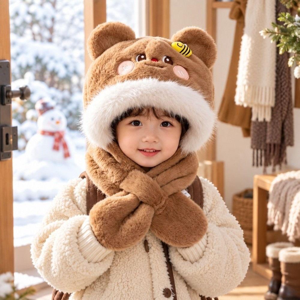 Windproof Kids Hat Scarf Set Soft Plush Earflap Hat New 2 in 1 Hat Scarf Boys Girls