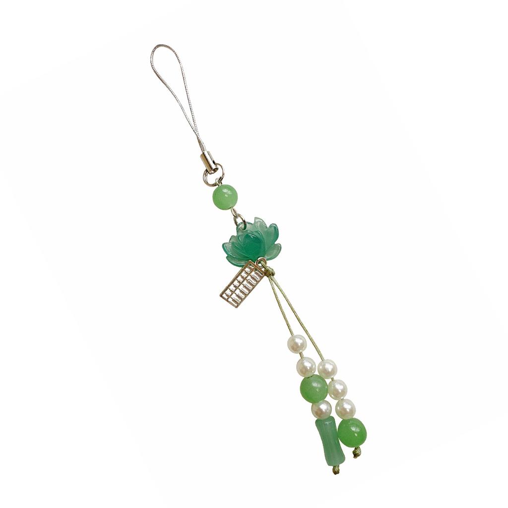Lotuses Flower Phone Charm Ancient Style Keychain Pendant with Acrylic Beads Handmade Beaded Cellphone Lanyard