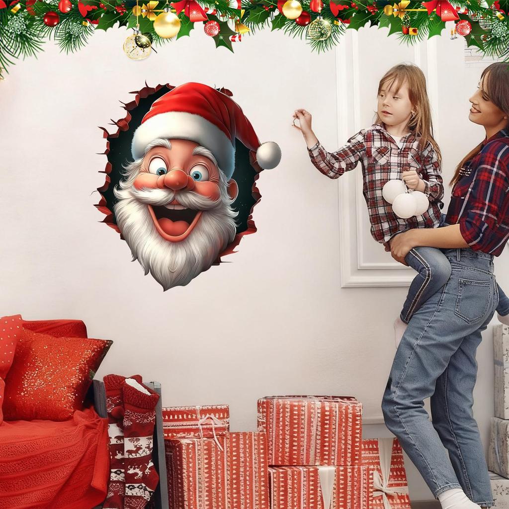 Santa Claus Wall Stickers 3D Effect Peel and Stick Funny Christmas Cartoon Decals Winter Holiday Home Decor Stickers for Home