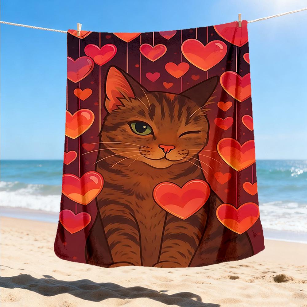 1pc Heart Cat Print Outdoor Flannel Blanket , Machine Washable Perfect Gift for Birthday , Holiday Travel Accessory , Durable Material