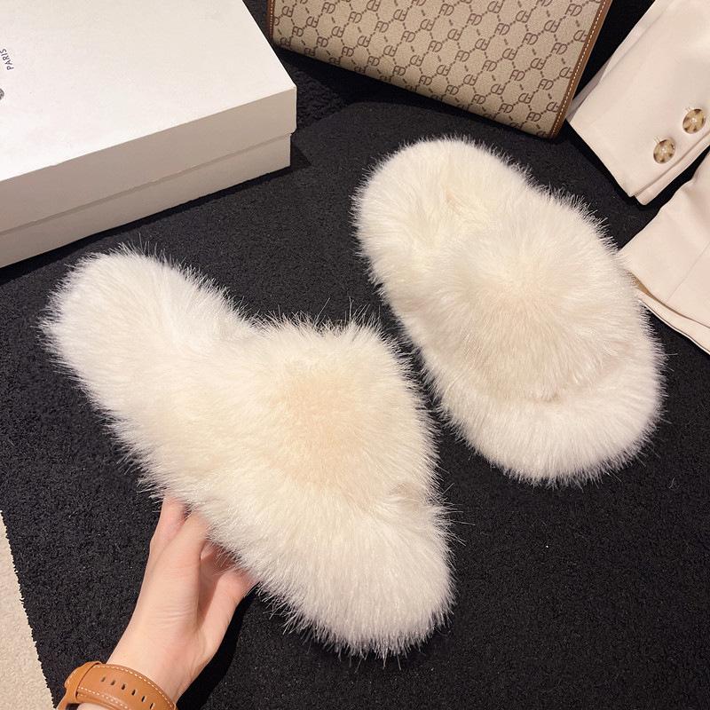2023 European and American New Fluffy Slippers Women's Autumn and Winter Home Plush Warm Imitation Fur Plush Cotton Slippers