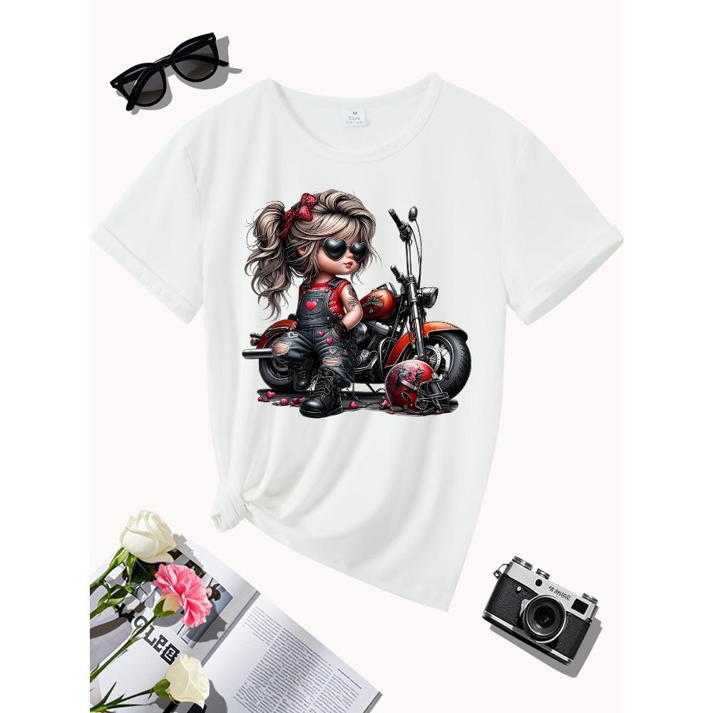 Print with Heart Details Stretch Round Neck Casual & Festive Wear Women's Black Motorcycle Graphic T-Shirt
