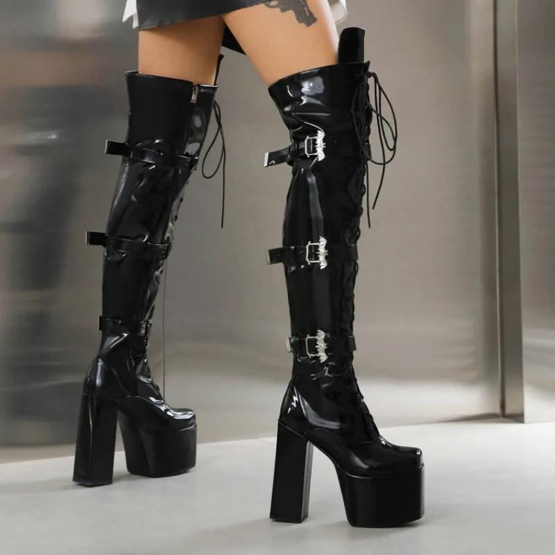 Fashion New Belt Buckle Cross Strap Elegant Black Over The Knee Boots Hot Girl Sexy Punk Style Pole Dance Fashion High Heels Shose 35-44