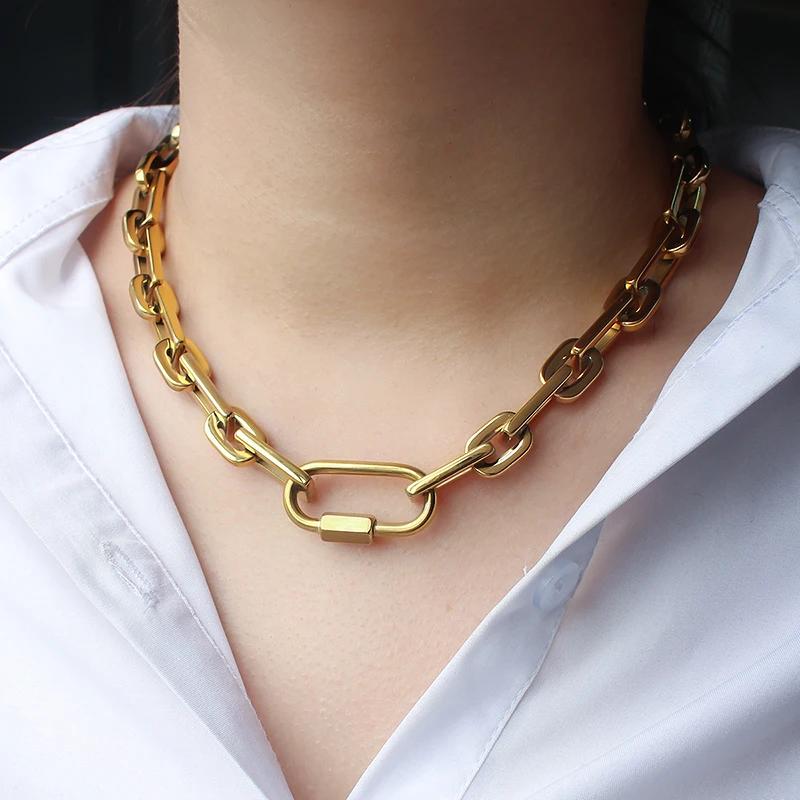 Trendy Style Gold Color Stainless Steel Thick Rectangular Link Chains Necklace for Women Men Carabiner Pendant Chunky Necklace