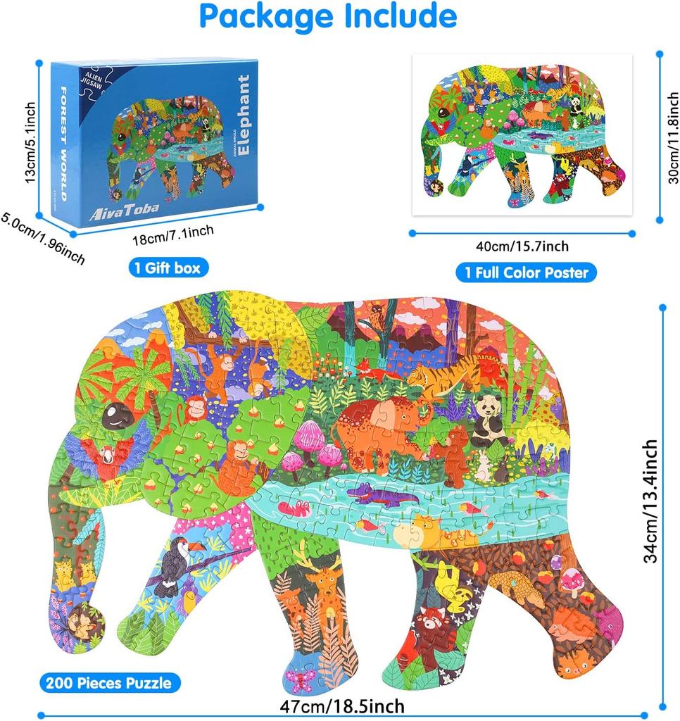 Puzzle Fil Çocuklar, Yapboz 200 Parça Hayvan Bulmacası Oyuncak 3 4 5 6 7 8 9 Yaşındaki Yürümeye Başlayan Çocuklar Erkekler Kızlar için Çocuk Bulmacası Hediyesi