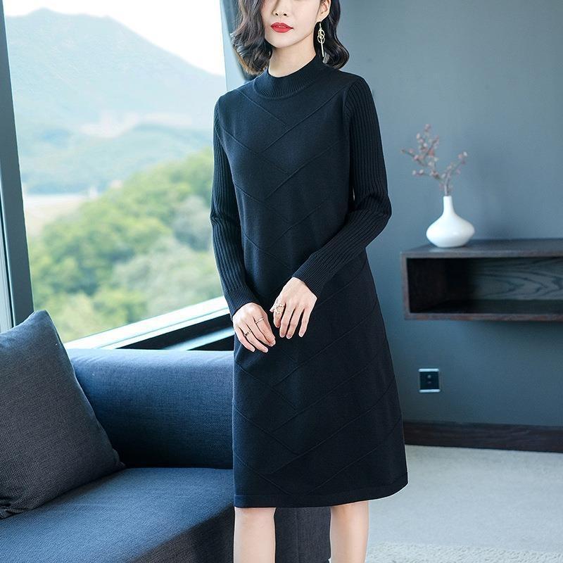 Autumn and winter base dress women's large size new mother thin temperament with coat inside with knitted long-sleeved sweater skirt