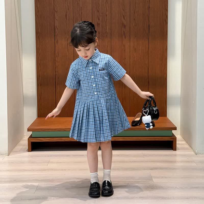SEVEN BOBI Girls Summer Korean Style Plaid Turn-Down Collar Casual Dress 110 cm