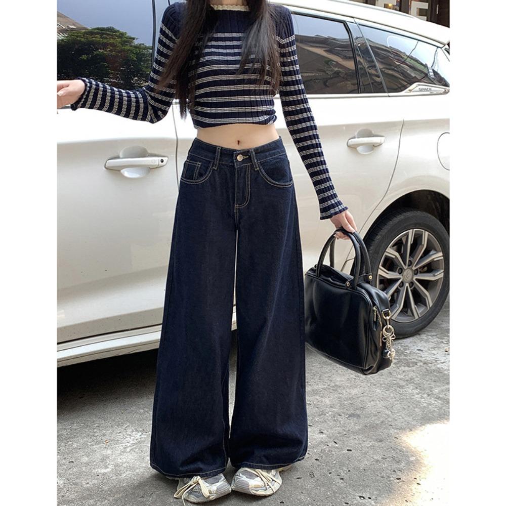 

Commuter street drape wide-leg jeans women s autumn Hong Kong style retro washed high-waisted straight-leg floor pants 2XL темно-синий