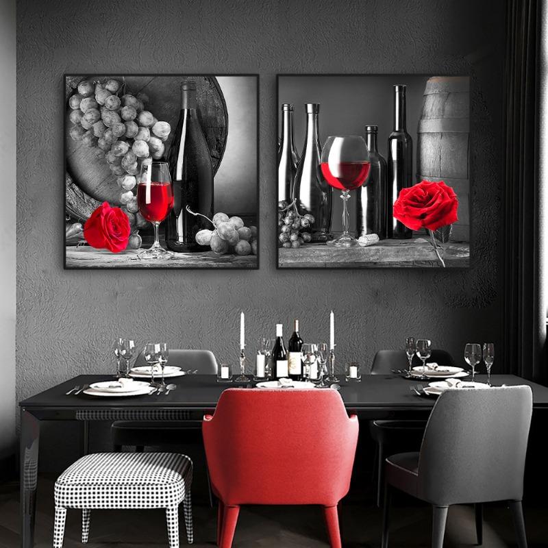 Kitchen Wall Art Decor Pictures Red Wine Glass Rose Painting On Canvas Poster and Prints Home Decoration Dining Room Restaurant