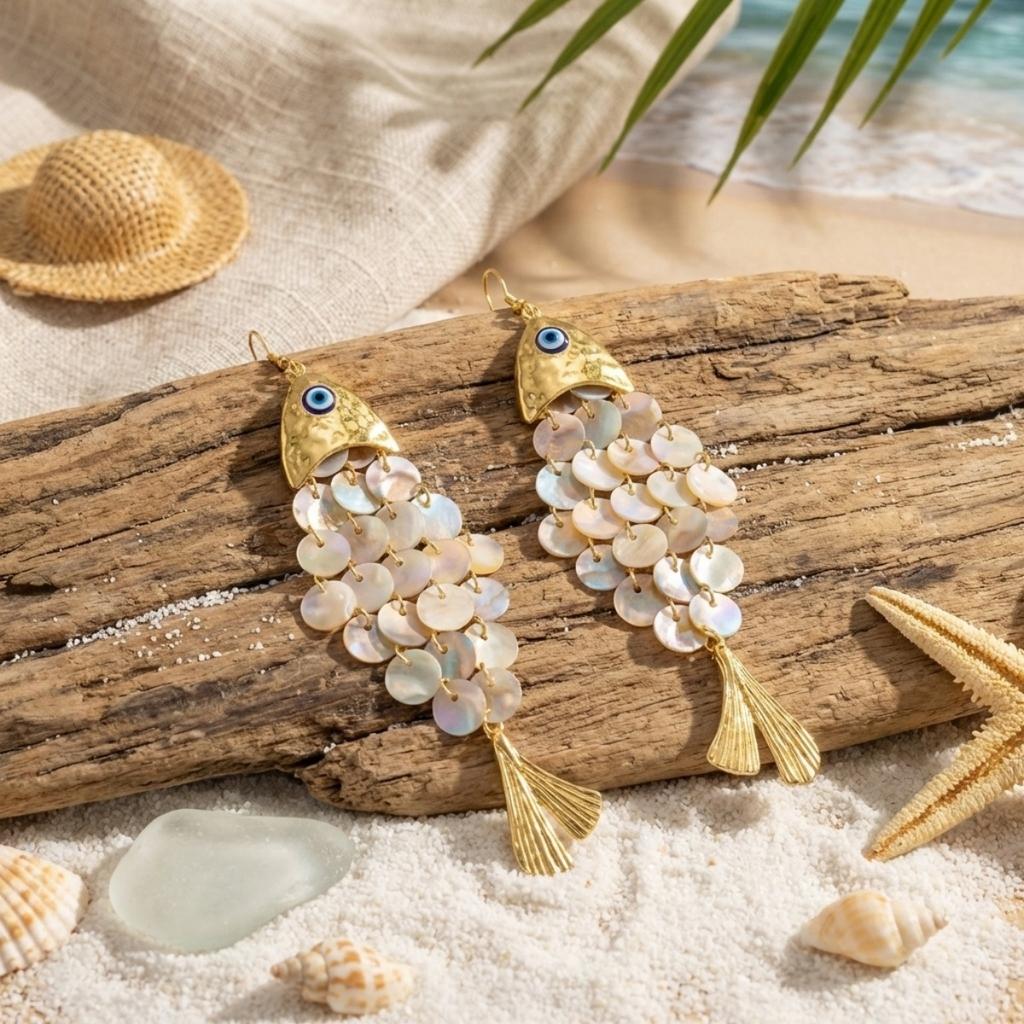 Colorful Acrylic Round Scale Splicing Tassel Fish Drop Earrings For Women Men Boho Beach Vacation Fish Earrings Summer Zircon