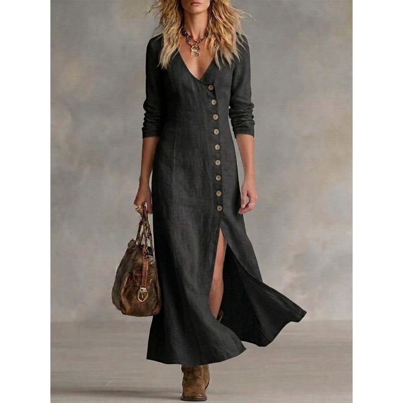 JPNTKY Fashion Spring Autumn Solid Color Print Long Sleeve V-Neck Casual Dresses S чёрный