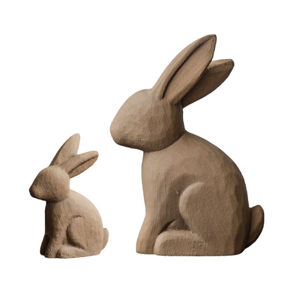Easters Rabbit Statue Set of 2 Cute Wooden Bunnies Figurines Decors for Living Room or Bedroom Desktop Display Ornaments