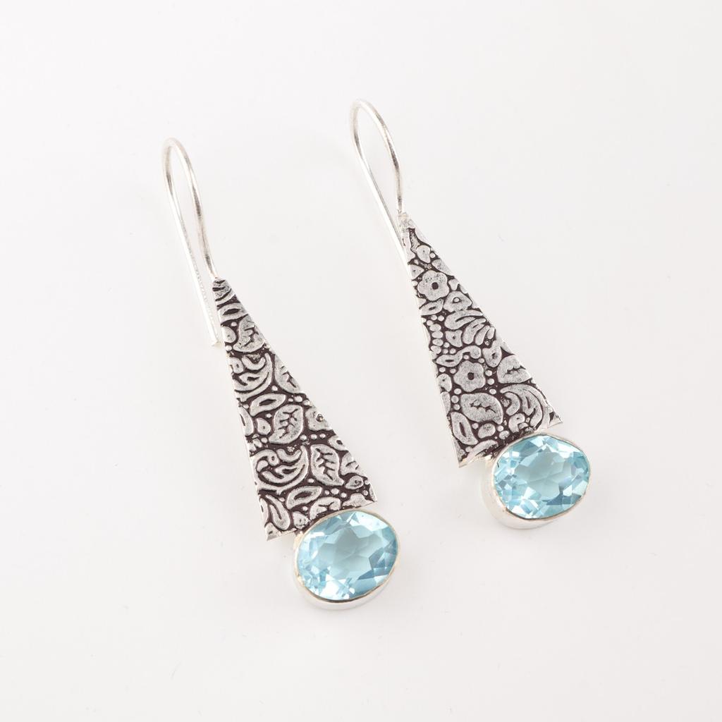 Natural Sky Blue Topaz Gemstone 925 Solid Silver Jewelry Handmade Earrings 1.9" EE-165-13