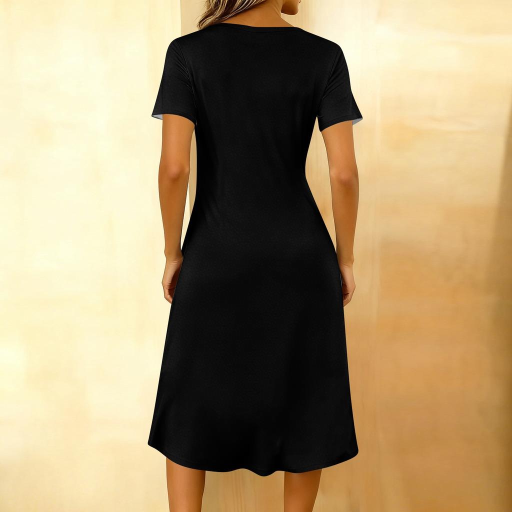 Women's Fashionable Color Round Neck Short Sleeved Button Neck Mid Length Casual Dress