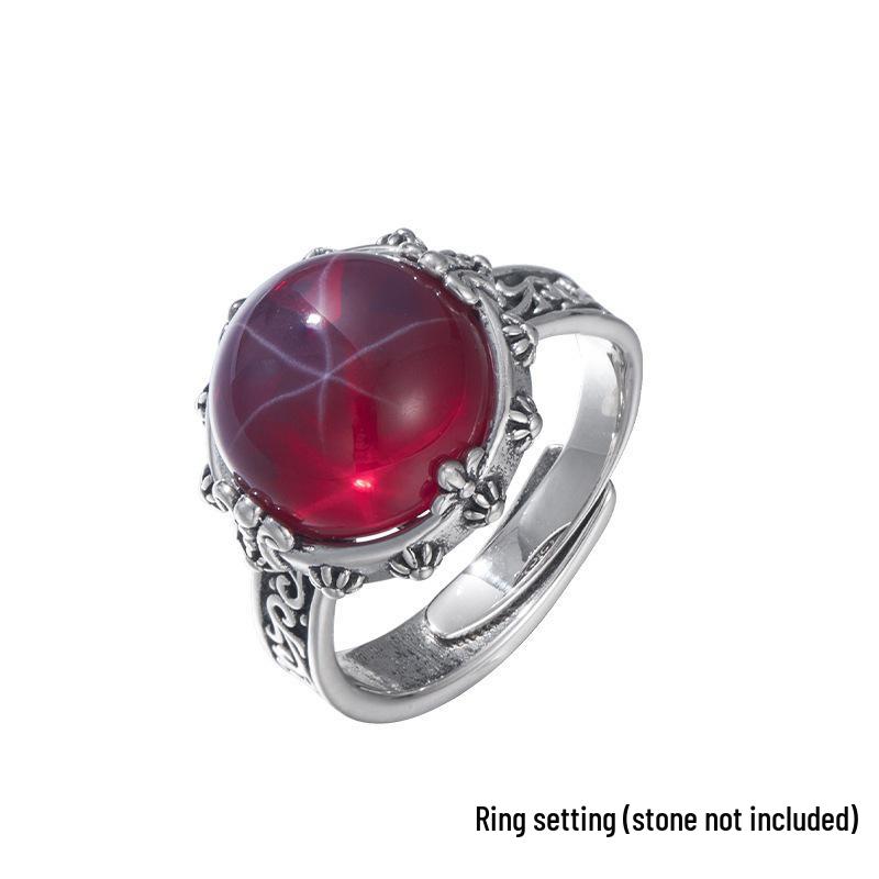 Thai Silver Inlaid Nan Hong Honey Wax Starlight Stone Adjustable Ring with Tang Dynasty Pattern, 12mm Round Setting Adjustable
