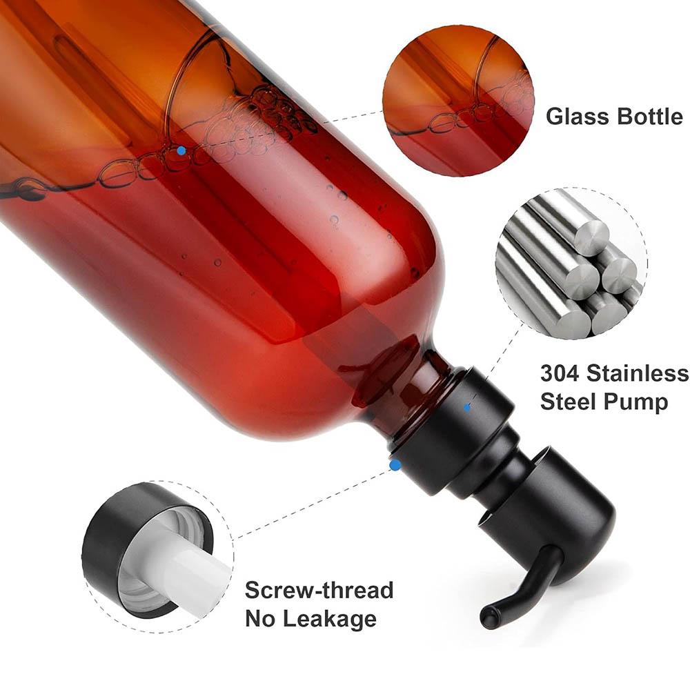 Amber Glass Soap Dispenser with Black Pump, Liquid Hand Soap Dispenser for Bathroom, Kitchen Dish Soap Dispenser, 16Oz 500ml
