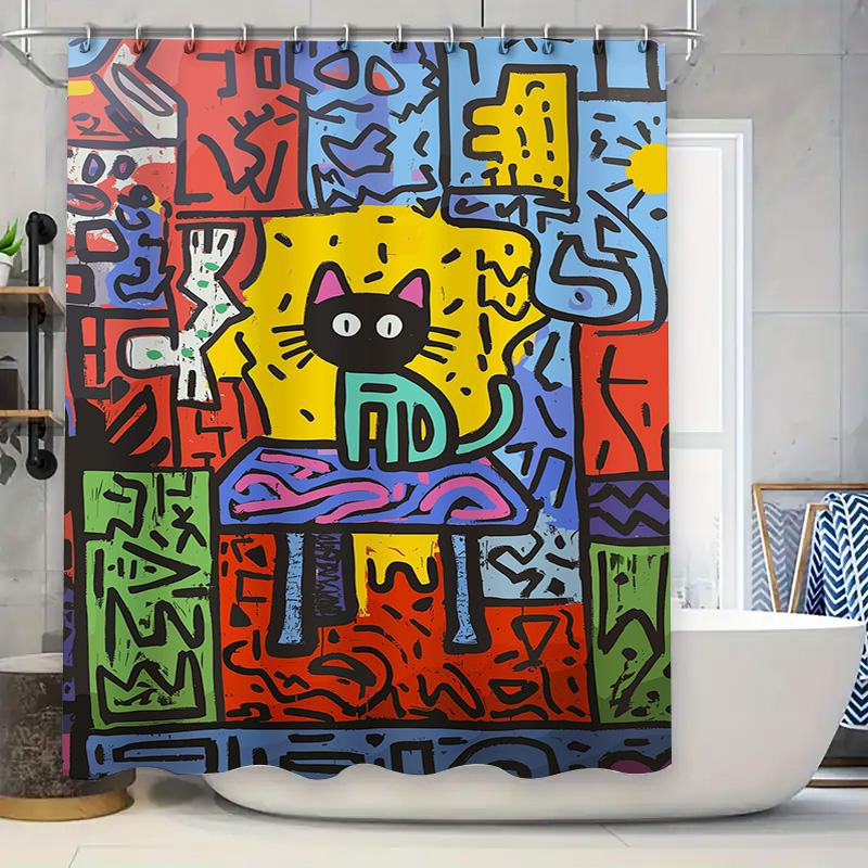 Brightly Colored Graffiti Shower Curtain Featuring Abstract Cat Design Modern Bathroom Decor For Home Bath Remodels
