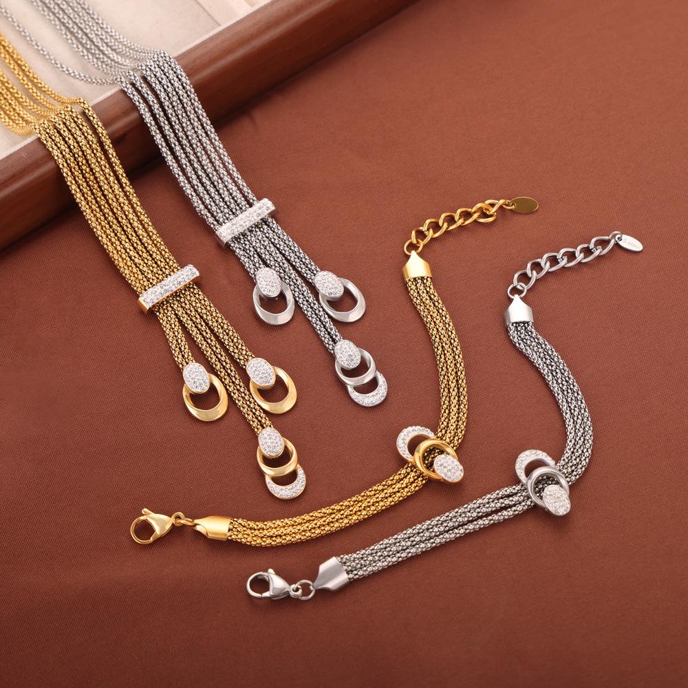 Korean Vintage U-Shaped Rhinestone Tassel Necklace Set - 18k Gold Plated Titanium Steel
