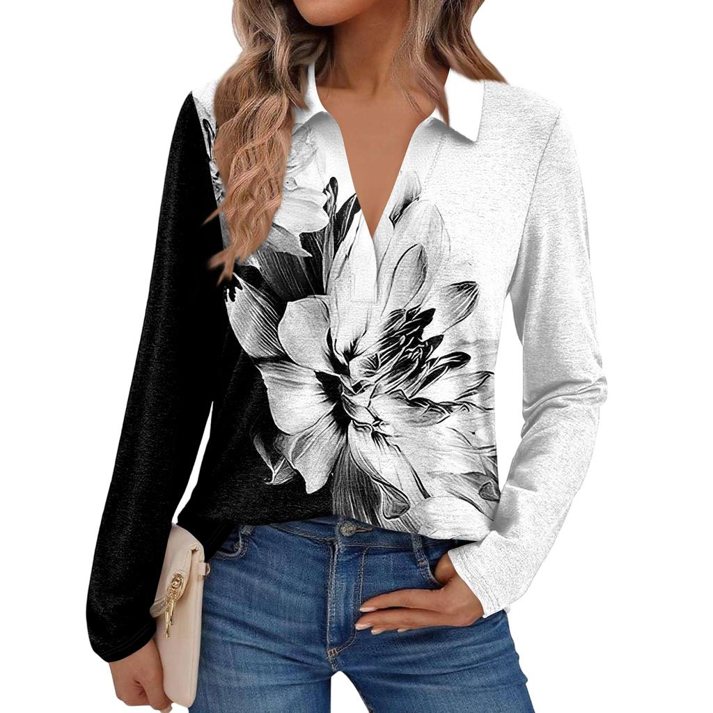 Women's Fashion Long-Sleeved Retro Floral Print Stand Collar Shirt