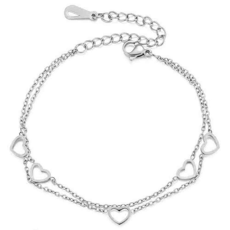 Stainless Steel Layered Adjustable Heart Charm Bracelet Women Gold Plated Minimalist Fashion Jewelry