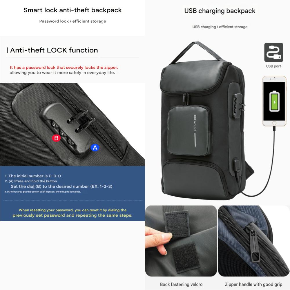 Blue Mount 9907 Smart Lock USB Rechargeable Water-Resistant Backpack