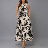 Oversized Women Sleeveless Round Neck Dress Dense Floral Printed Flowy Mid Calf Gown