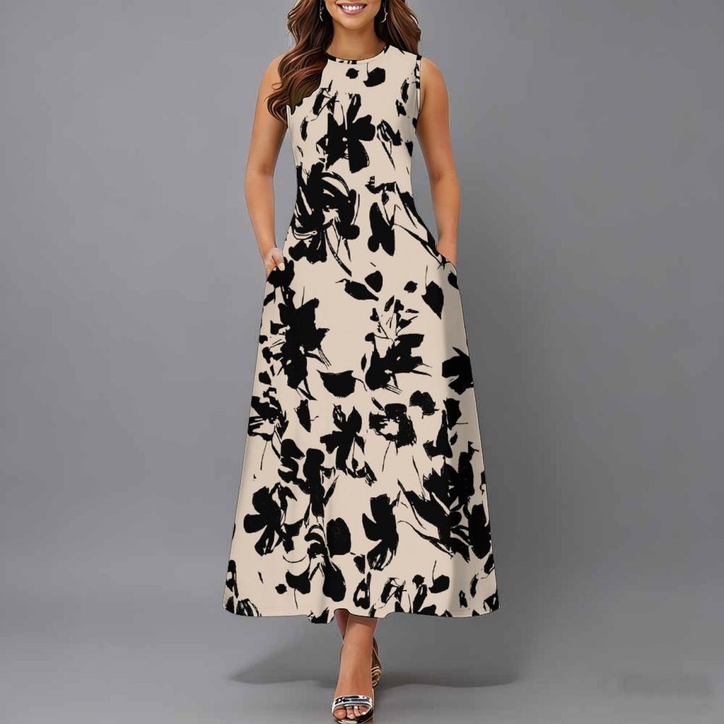 Oversized Women Sleeveless Round Neck Dress Dense Floral Printed Flowy Mid Calf Gown