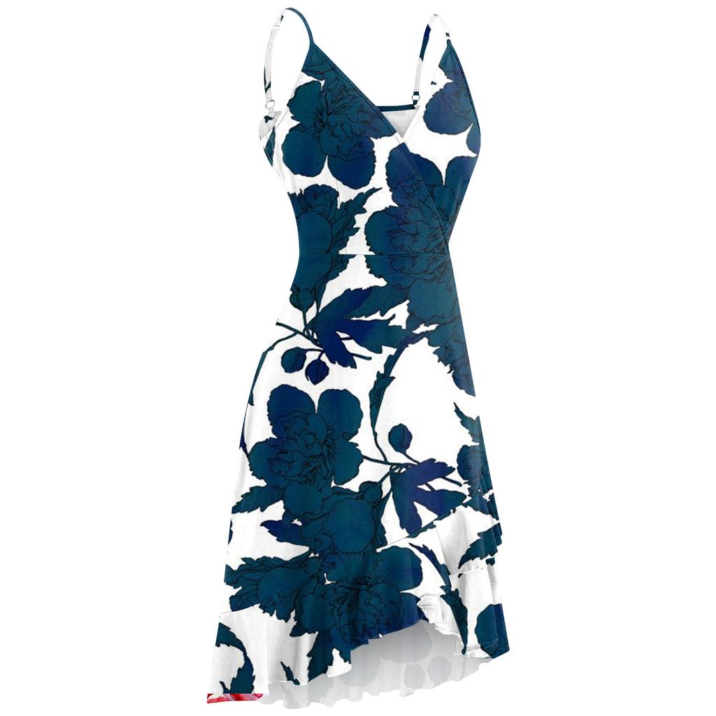 Women Summer Wrap V Neck Adjustable Spaghetti Straps Chest Pleats Casual Ruffle Dress Summer Beach Knee Length Dress Open Back Off Shoulder Dress