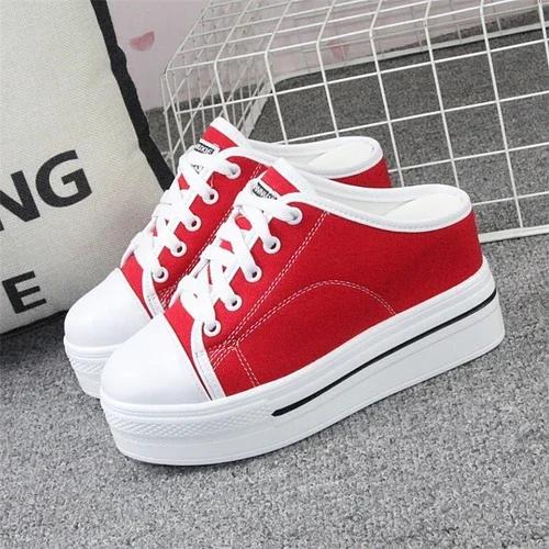 Fashion Spring Summer Women Slipper Pumps Canvas Shoes Internal-increase 8cm High Heels Solid Casual Student Outside Female Slippers