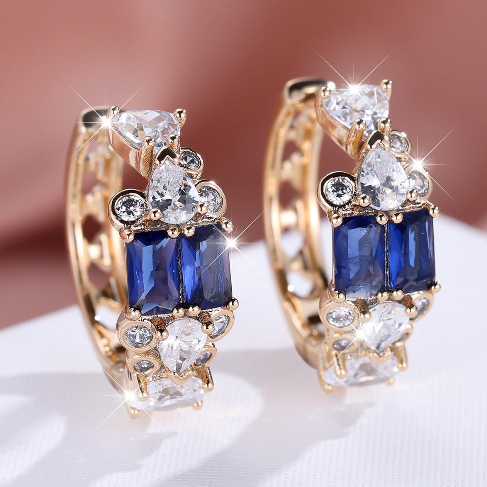 Exquisite White Blue Red Zircon Hoop Earrings for Women Luxury Gold Color Wedding Circle Earrings Jewelry Gift