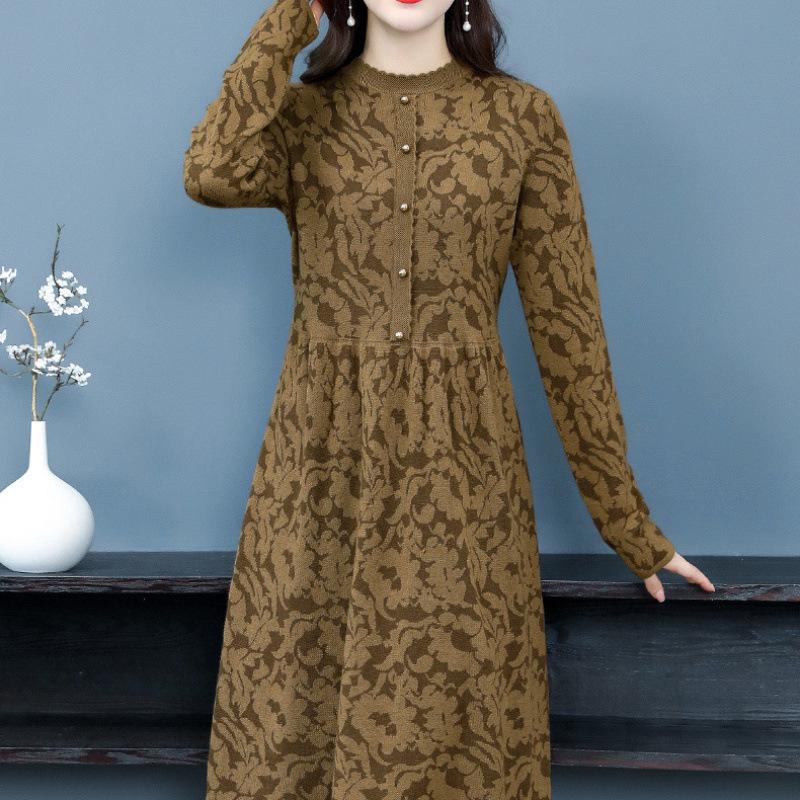 Autumn Winter 2025 High Neck Patterned Long Knit Sweater Dress