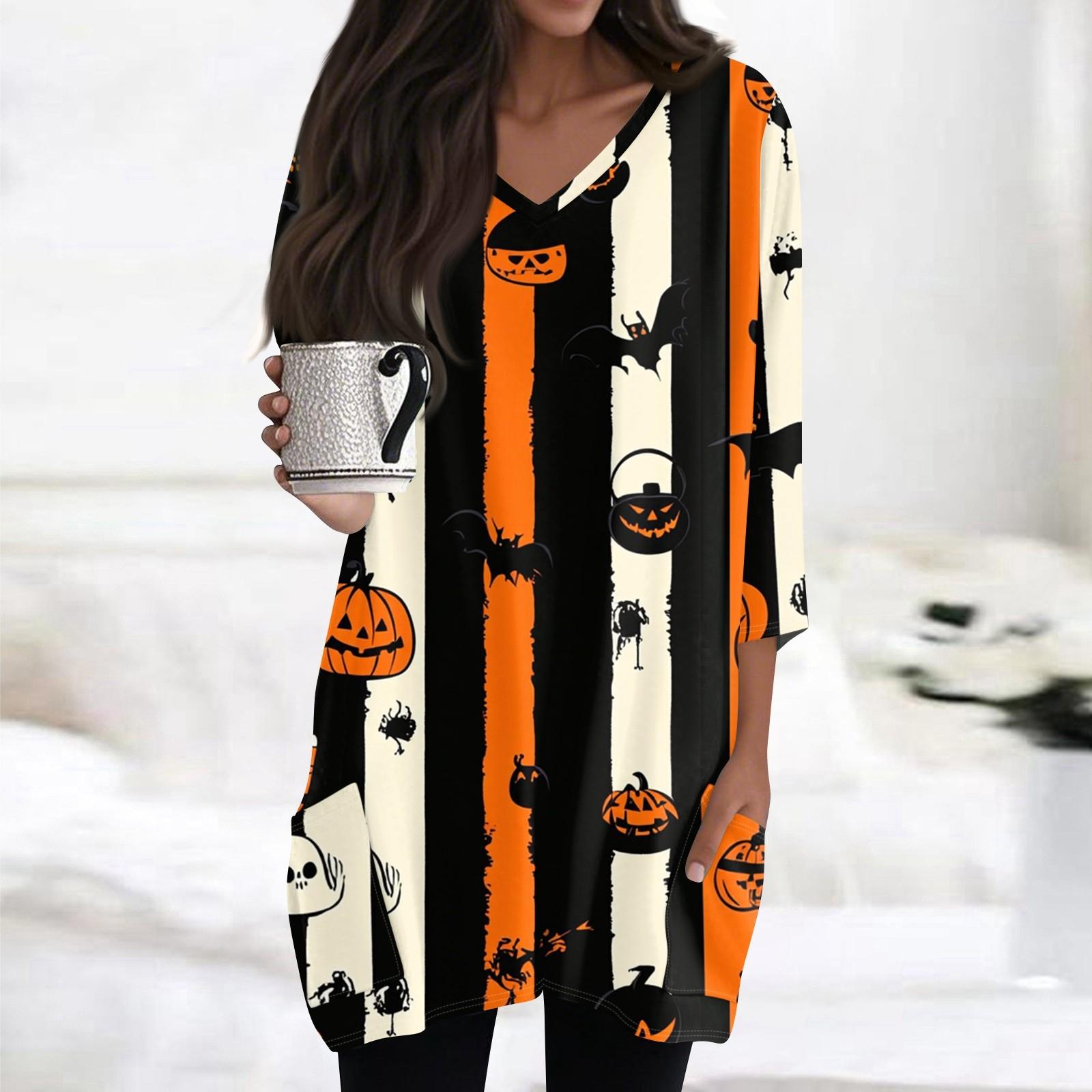 

Женские топы с V-образным вырезом и рукавом 3/4, повседневные блузки средней длины, модные туники с принтом на Хэллоуин и карманами M