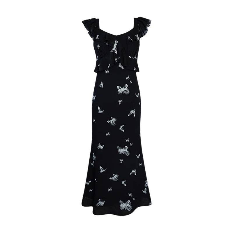 2026 New Coffee Break French Black Floral Dress Summer Women's High-end Small Flying Sleeves Waist Long Dress