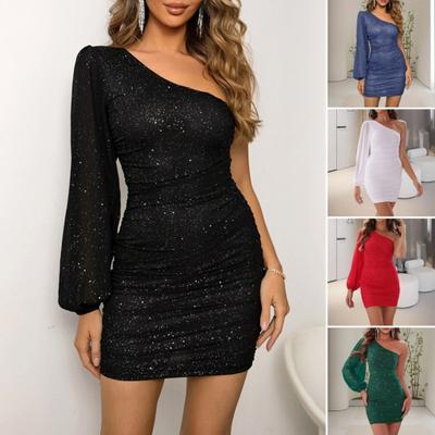 Women's Sequin One Shoulder Dress Long Sleeve Sparkly Mini Bodycon Dress Ruched Party Cocktail Clubwear