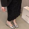 Silver square head single shoes women's 2025 new spring and autumn with skirt French evening breeze flat bottom light mouth Mary Jane small leather 