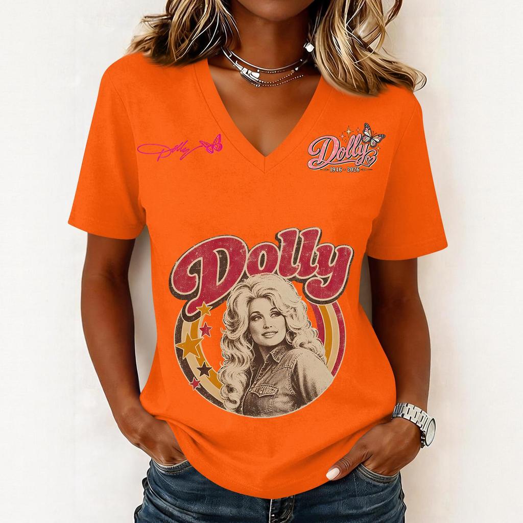 Women's Fashion Casual Letter Print V-Neck Short Sleeve Pullover Top