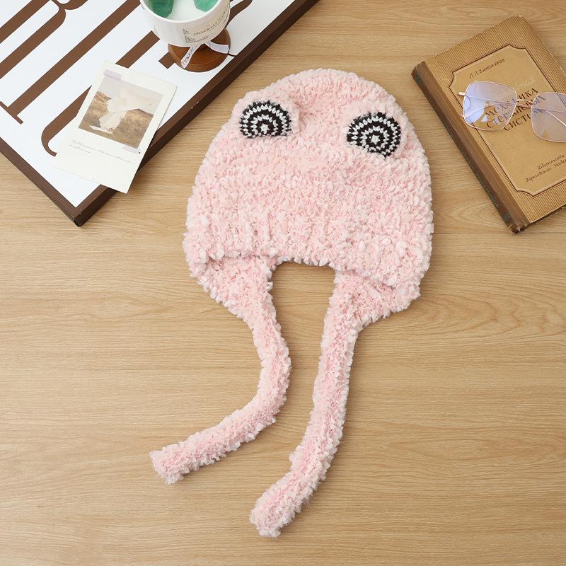 Winter Hat Women's Plush Cute Frog Ears Versatile Lace-up Wool Hat Warm Plush Thickened Headhat