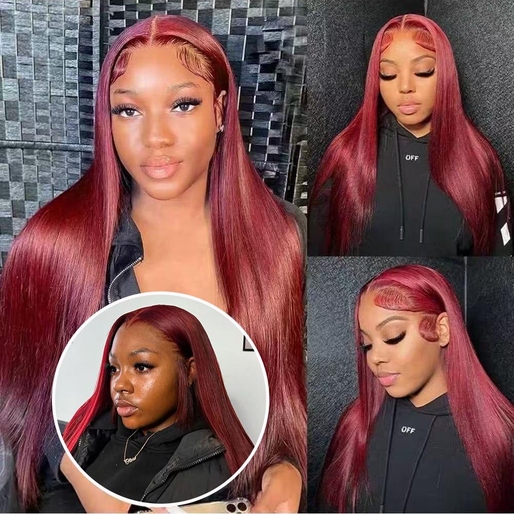 AIMEYA Burgundy Long Silky Straight Wig 13x4 Synthetic Lace Front Wigs for Women Heat Resistant Natural Hairline Daily Wear