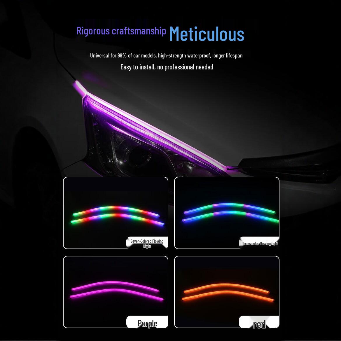 Universal Car LED Light Strip: Colorful Flowing DRL & Yellow Turn Signal for 99% Models. 30CM - One to Two