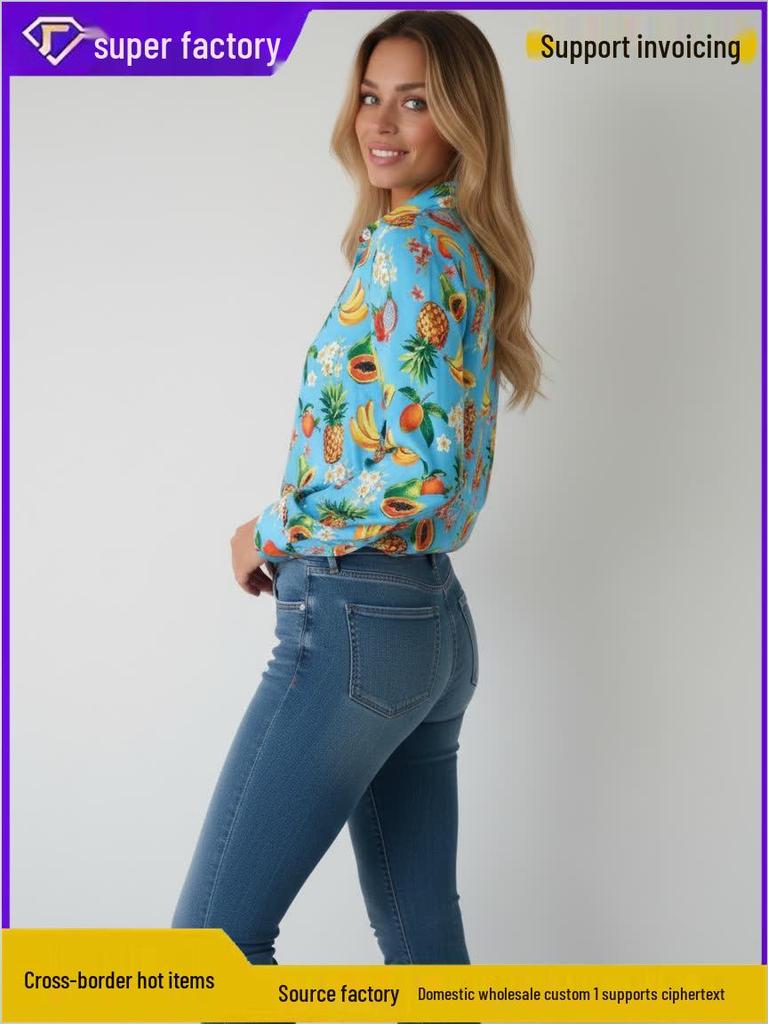 2026 Stylish Blue Floral Print Women's Loose Fit Shirt