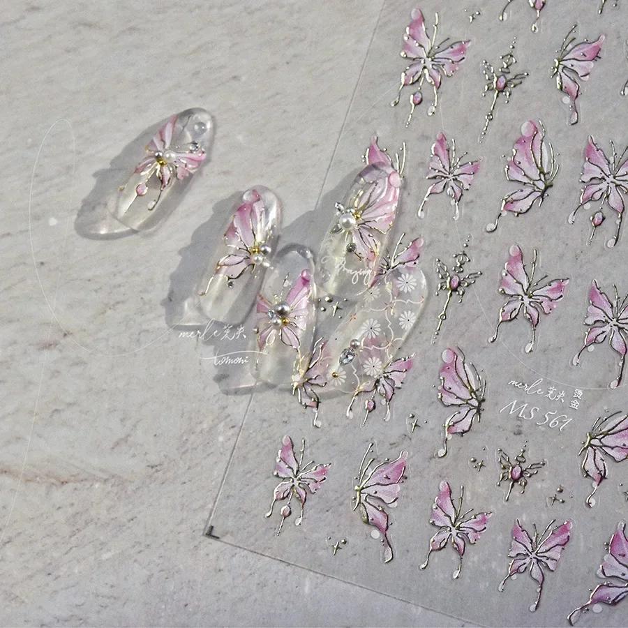 Shiny Jelly Butterfly Charming Golden Gradient Bowknot 5D Self Adhesive Nail Art Sticker Flower Petal Rhinestone Manicure Decals