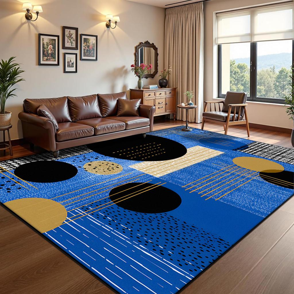 Covor Albastru Modern Abstract pentru Sufragerie, Dormitor Nordic, Covor Antiderapant, Catifea Scurtă, Covoraș Personalizabil, Lavabil