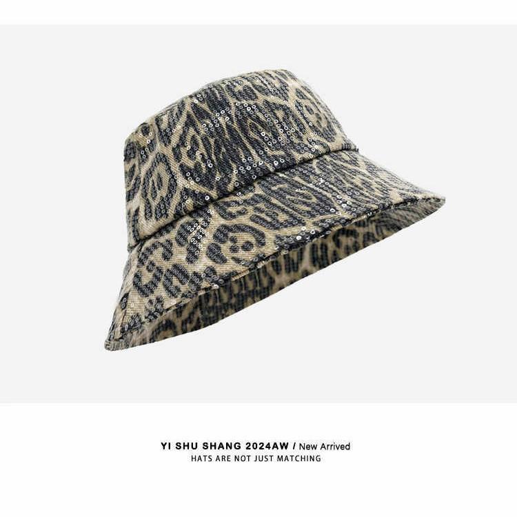 American retro leopard print sequined bucket hat spring and autumn personality hat women's casual versatile basin hat showing face small bucket hat