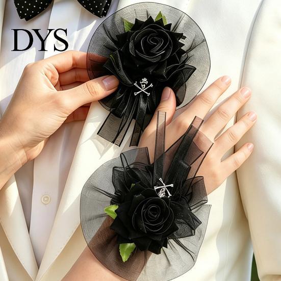 Artificial Rose Hand Flower Black Burgundy Tulle Mesh Corsage for Bridal Groom, Gothic Aesthetic Wristwear Women Boutonniere Wedding, Prom,