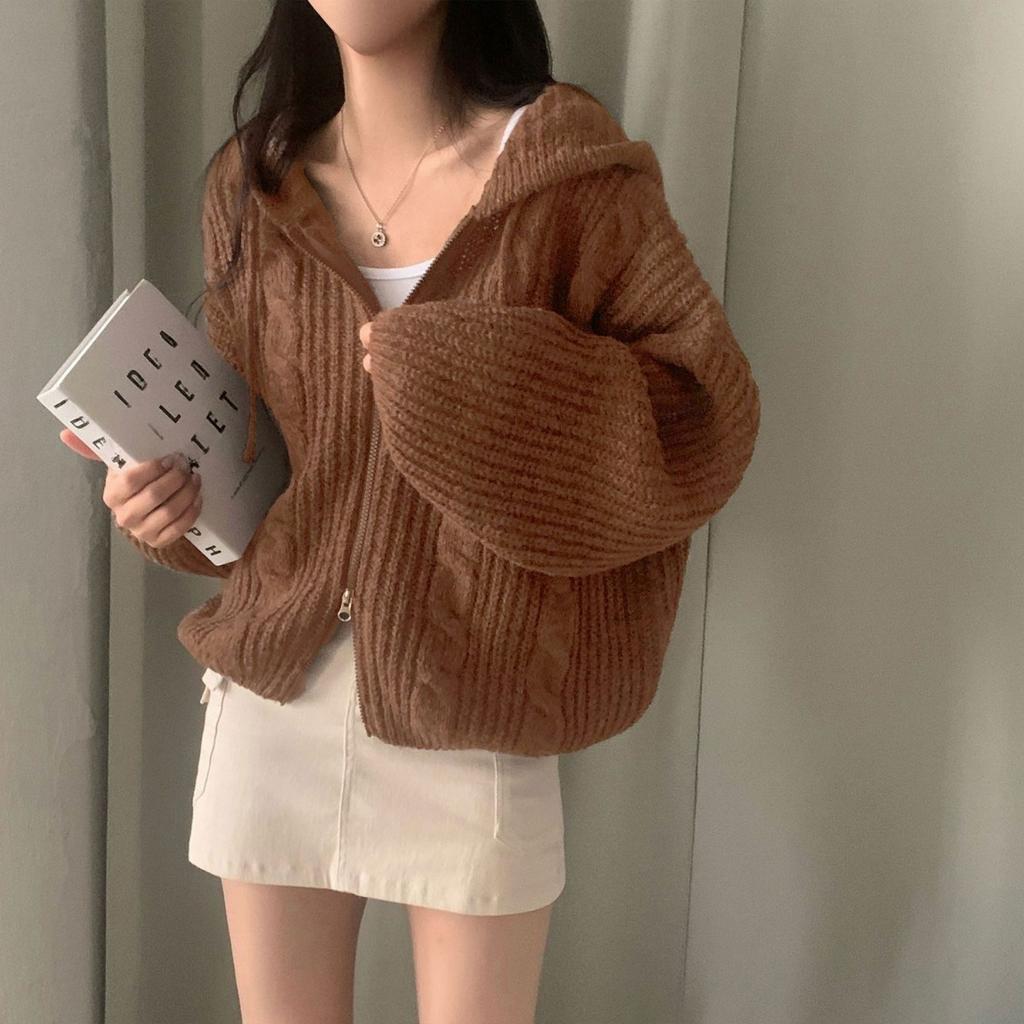 Autumn and Winter Korean Version Lazy Style Loose Fried Dough Twists Double Zip Hooded Long Sleeve Knitting Sweater Cardigan Coat Women